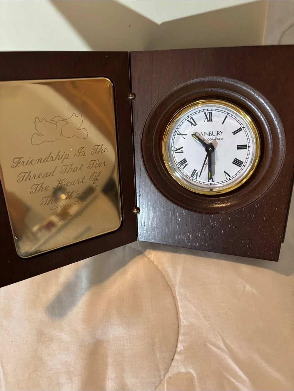 Danbury Clock Brown Wood Folding Desk Clock with Gold Bezel